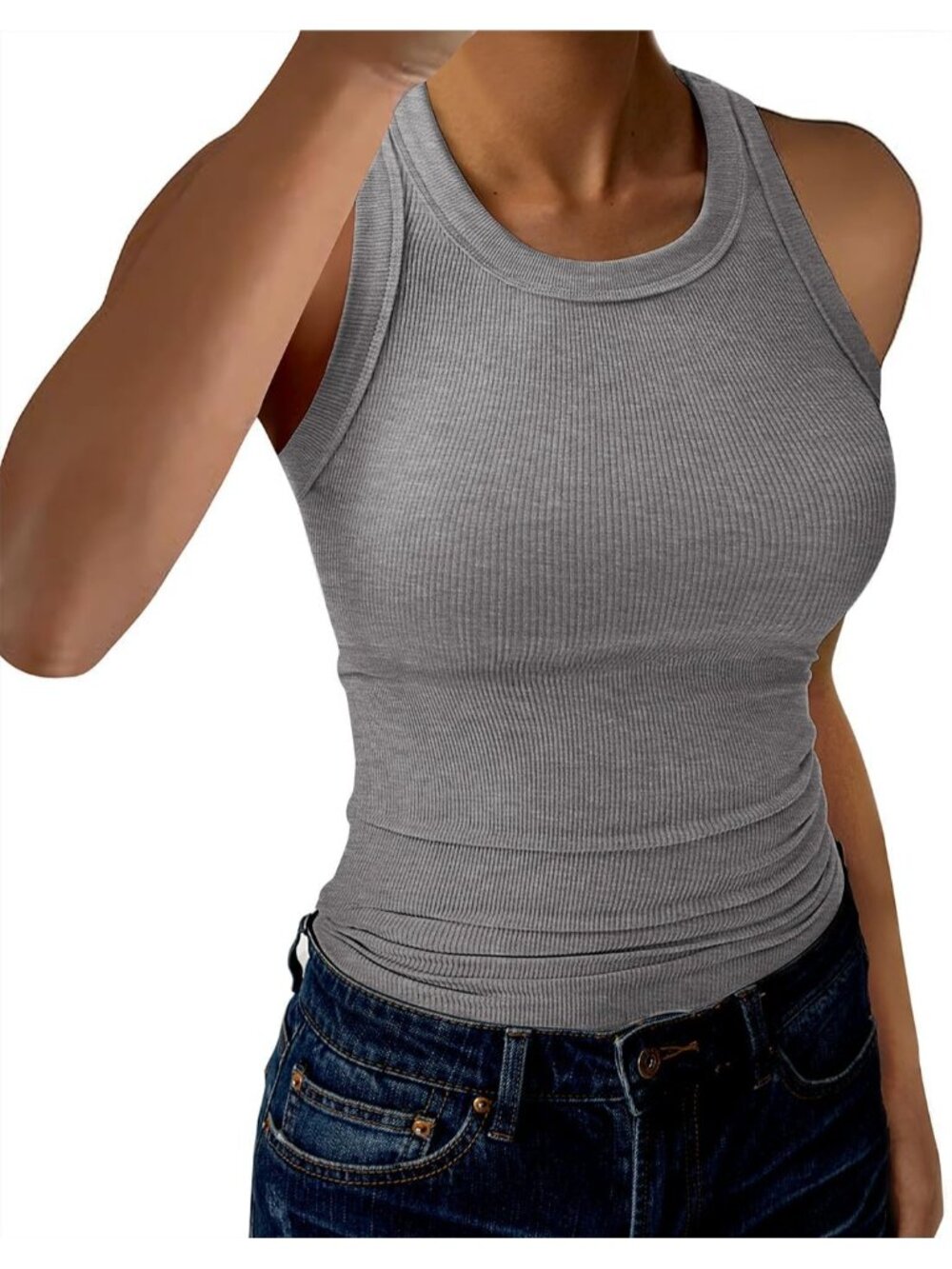 Women's Solid Grey Tank Tops High Neck Sleeveless Strap Slim Fitted Shirts
